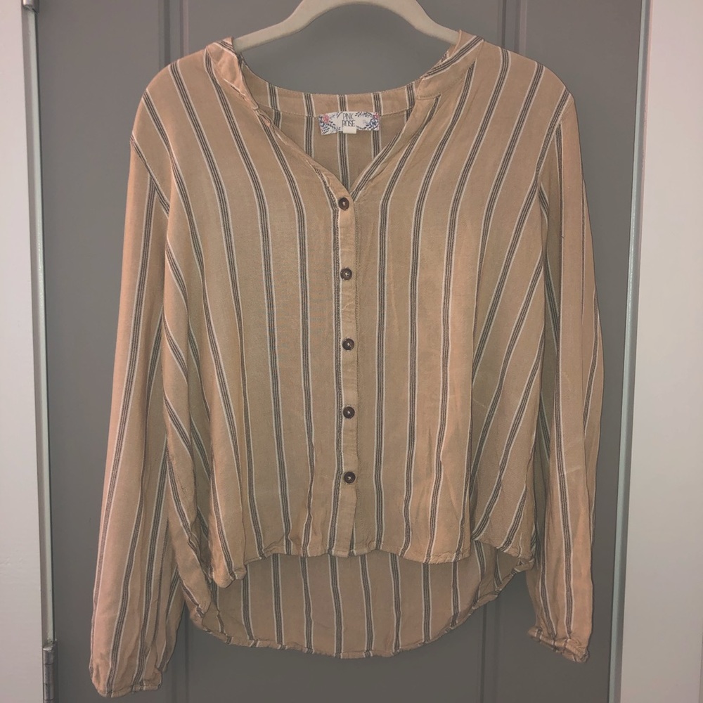 “Pink Rose” tan button-up blouse